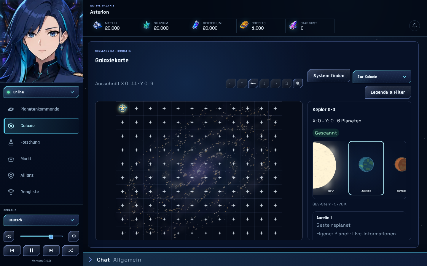 Echte Spielansicht: die Galaxiekarte von Asterion.